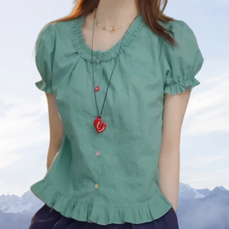 【翡翠恋人】2025夏装法式木耳边收腰短袖衬衫上衣