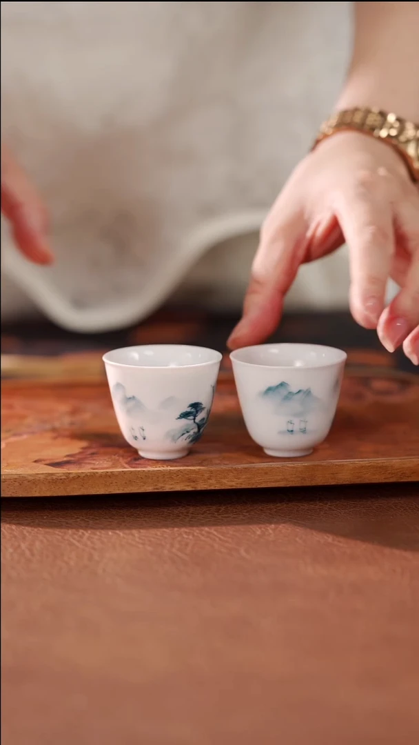 柴烧白瓷铃铛杯一对-山水