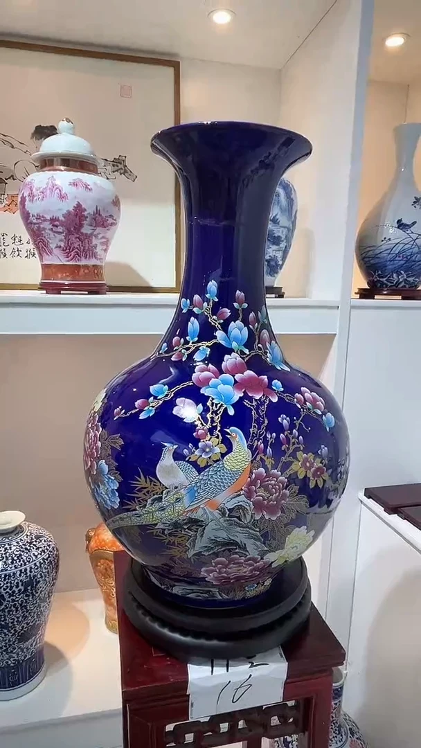 摆件高约60大蓝锦鸡瓶