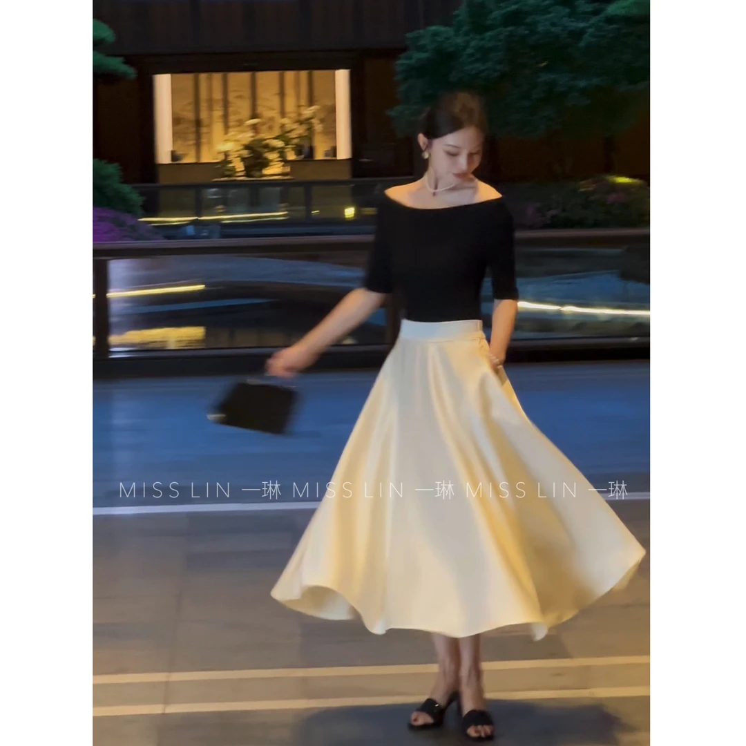 LZQ[复古A字裙]高腰长半裙白色缎面酸酸a字半身裙XMZH7808