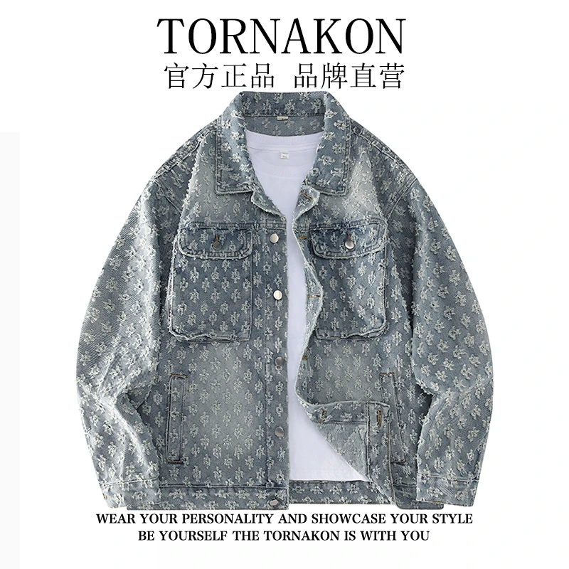 美式复古高街提花牛仔外套秋季满印潮流情侣男女同款休闲宽松