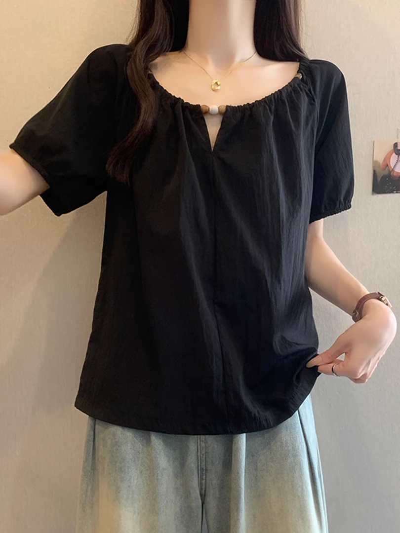 宽松型圆领女性常规款大码T恤纯色短袖山系休闲风1616781