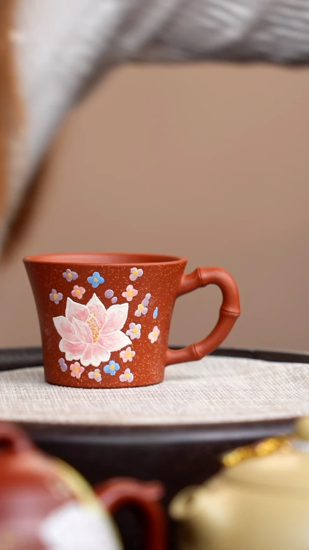 茶壶紫砂降坡泥粉花手把杯