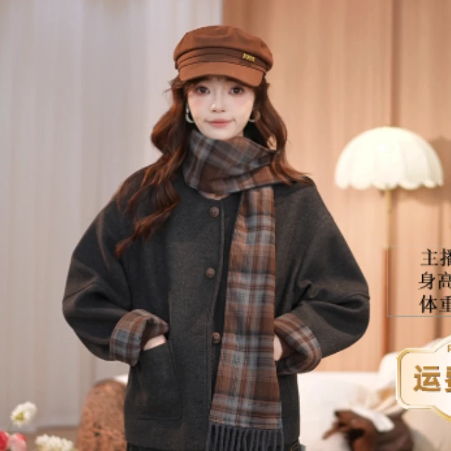 马克华菲女毛呢外套韩系赫本风灰色短大衣宽松毛呢F53010AH525
