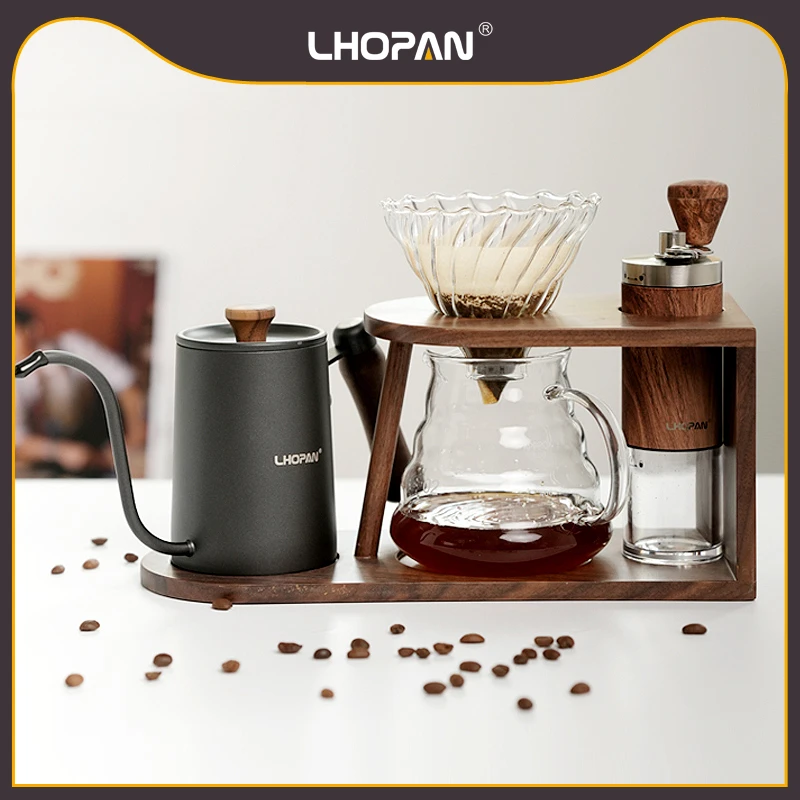 L'HOPAN/欧烹【咖啡角】木架手冲套装家用过滤咖啡壶壶磨豆长嘴壶咖