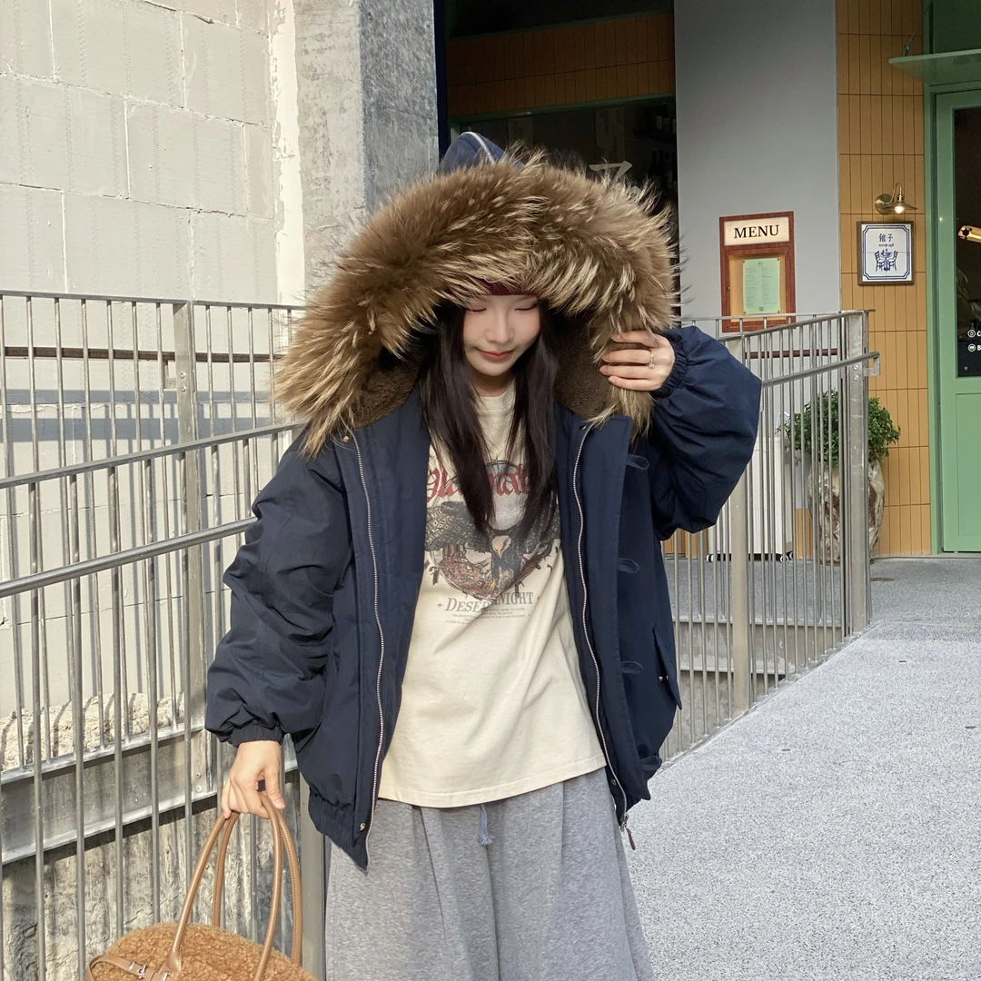 T-GEY【小飞象】貉子毛领连帽宽松鹅绒外套