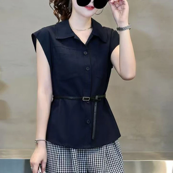 夏季新款polo领飞飞袖衬衫女时尚洋气减龄上衣#2671