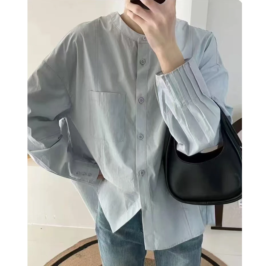 春装新款韩版极简压褶衬衫独特漂亮的衬衫休闲百搭纯色衬衣