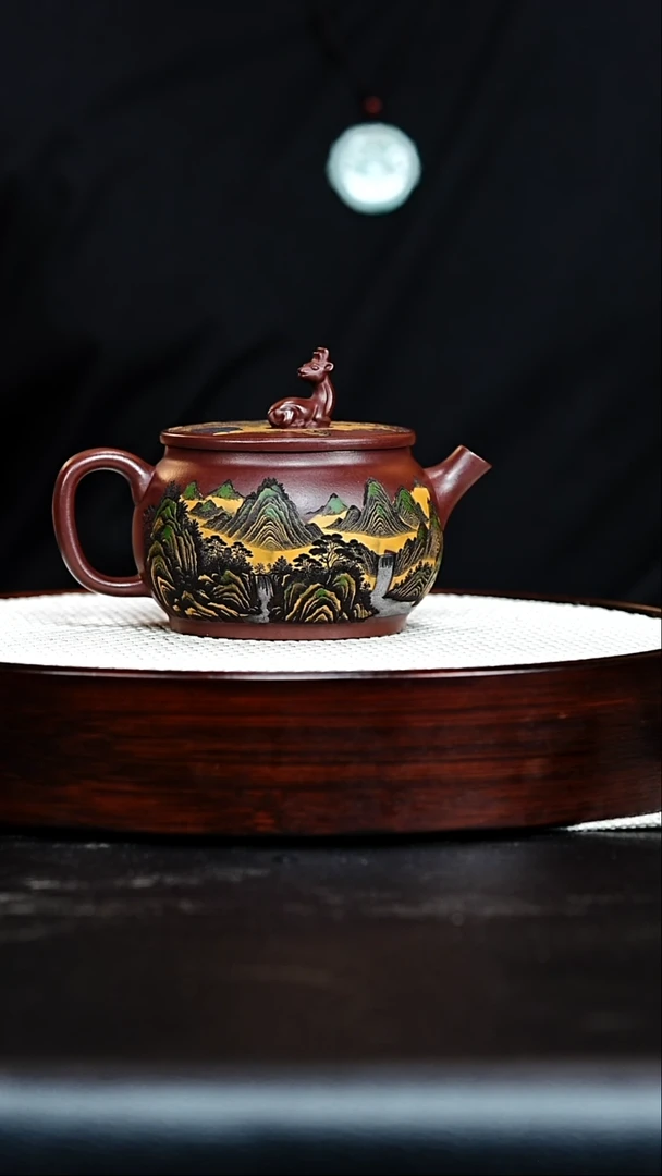茶壶紫砂宜兴紫砂 石红（彩陶刻）