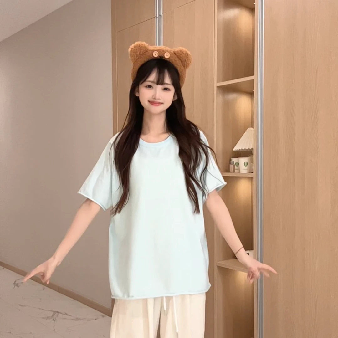 多巴胺~复古纯色卷边圆领正肩半袖t恤女2025夏季温柔百搭针织上衣