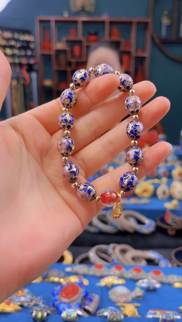 非遗 景泰蓝手串 金地枣珠 宝蓝