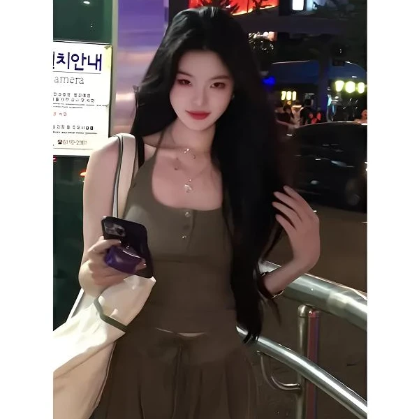 美式辣妹u领工字吊带背心女夏季休闲套装抽绳高腰阔腿长裤两件套