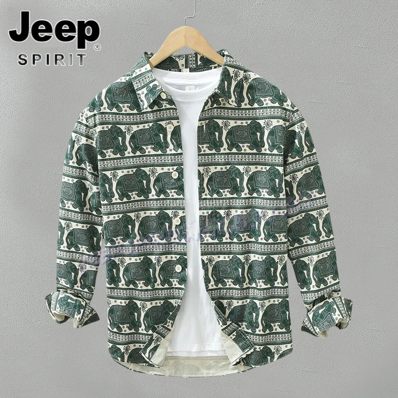 Jeep吉普衬衫印花翻领长袖格子上衣洋气春秋时尚百搭韩版休闲外套