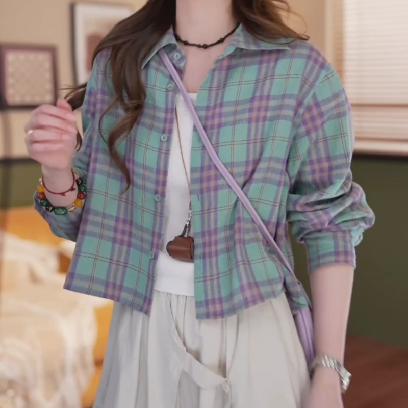 【花棠】新款长袖衬衫女百搭短款宽松格纹休闲韩版上衣女LK2502850