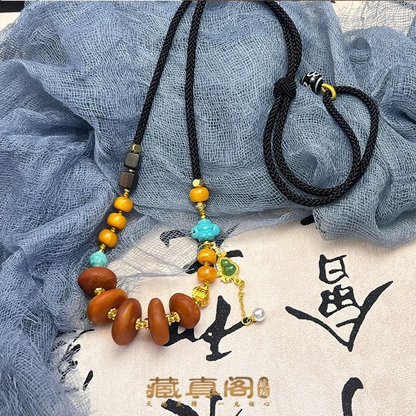 【藏真阁】H1821老蜜蜡五福饼子锁骨链