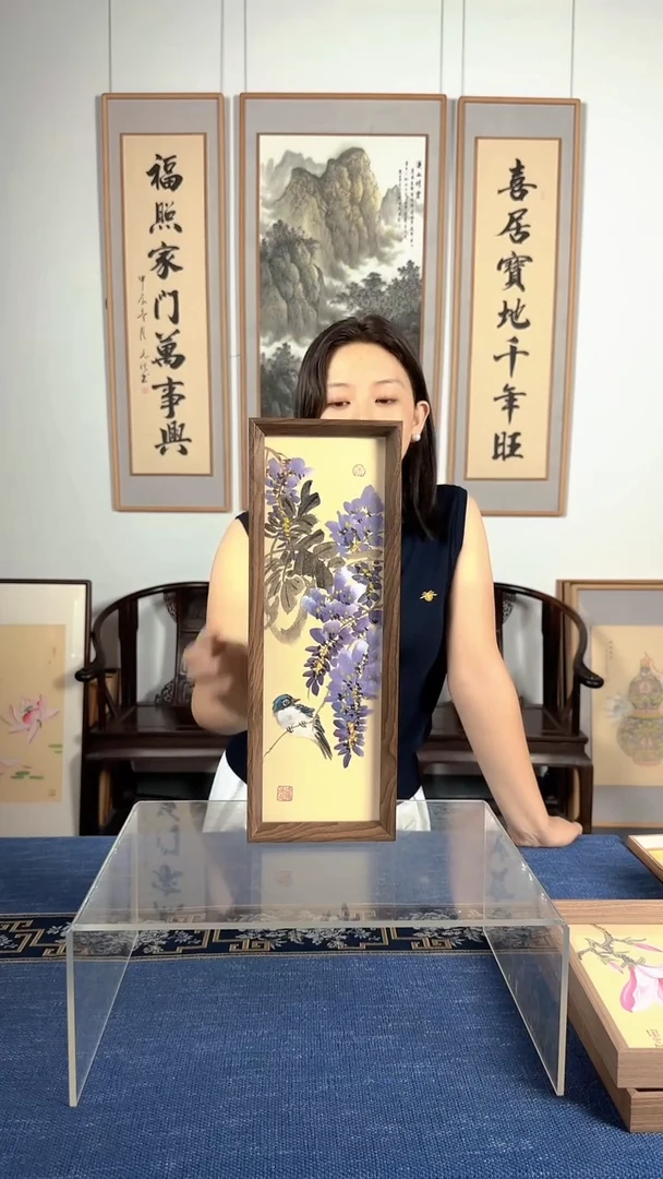 国画紫藤42*15CM花鸟餐厅创意摆台