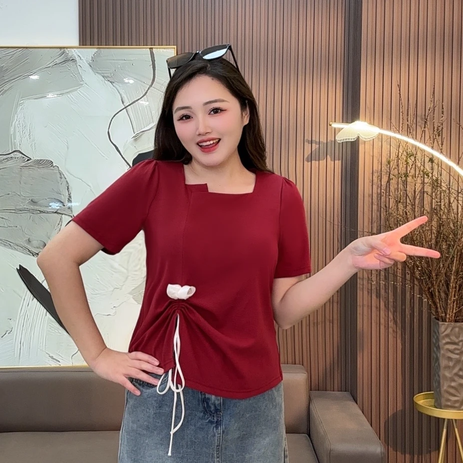 2025新款大码女装胖mm玫瑰花抽绳不规则设计短袖T恤遮肉显瘦上衣