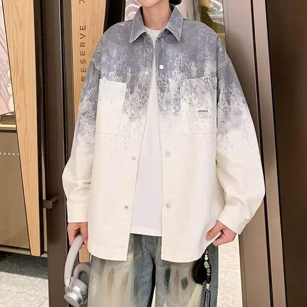 扎染渐变衬衫男生春秋休闲百搭韩版宽松大码加肥加大长袖衬衣外套