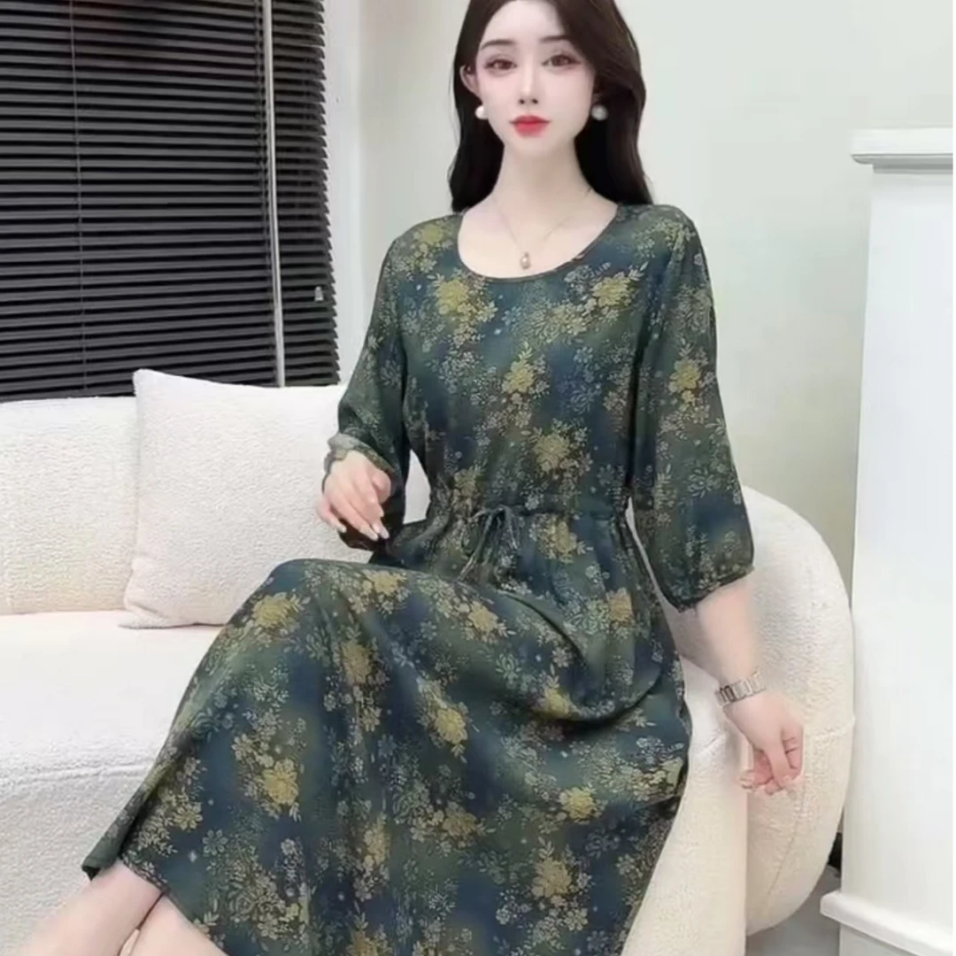（翠影金缕）夏季高档桑绵绸连衣裙裙子长款圆领显瘦百搭老钱风女装