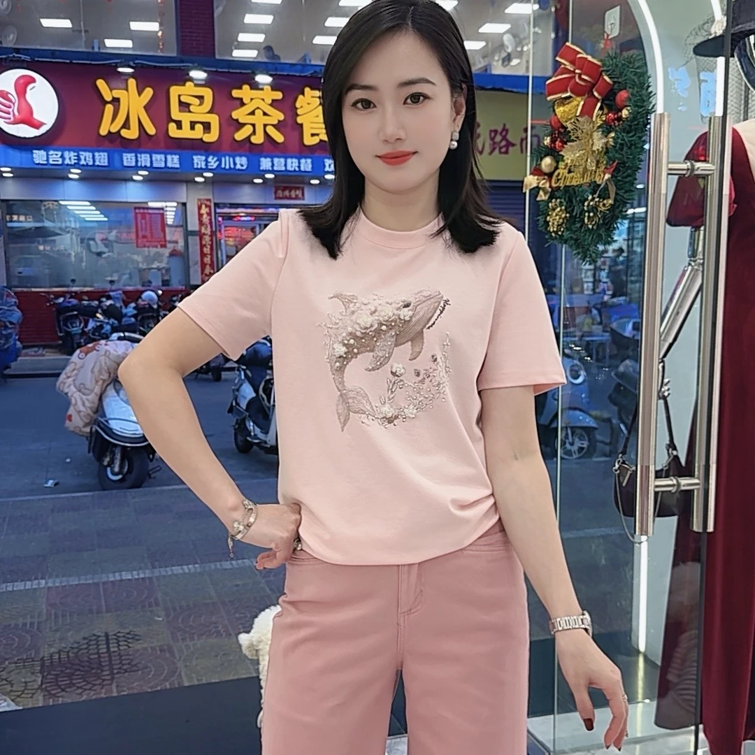 欧版时尚百搭珍珠订花鲸鱼圆领T恤25800100