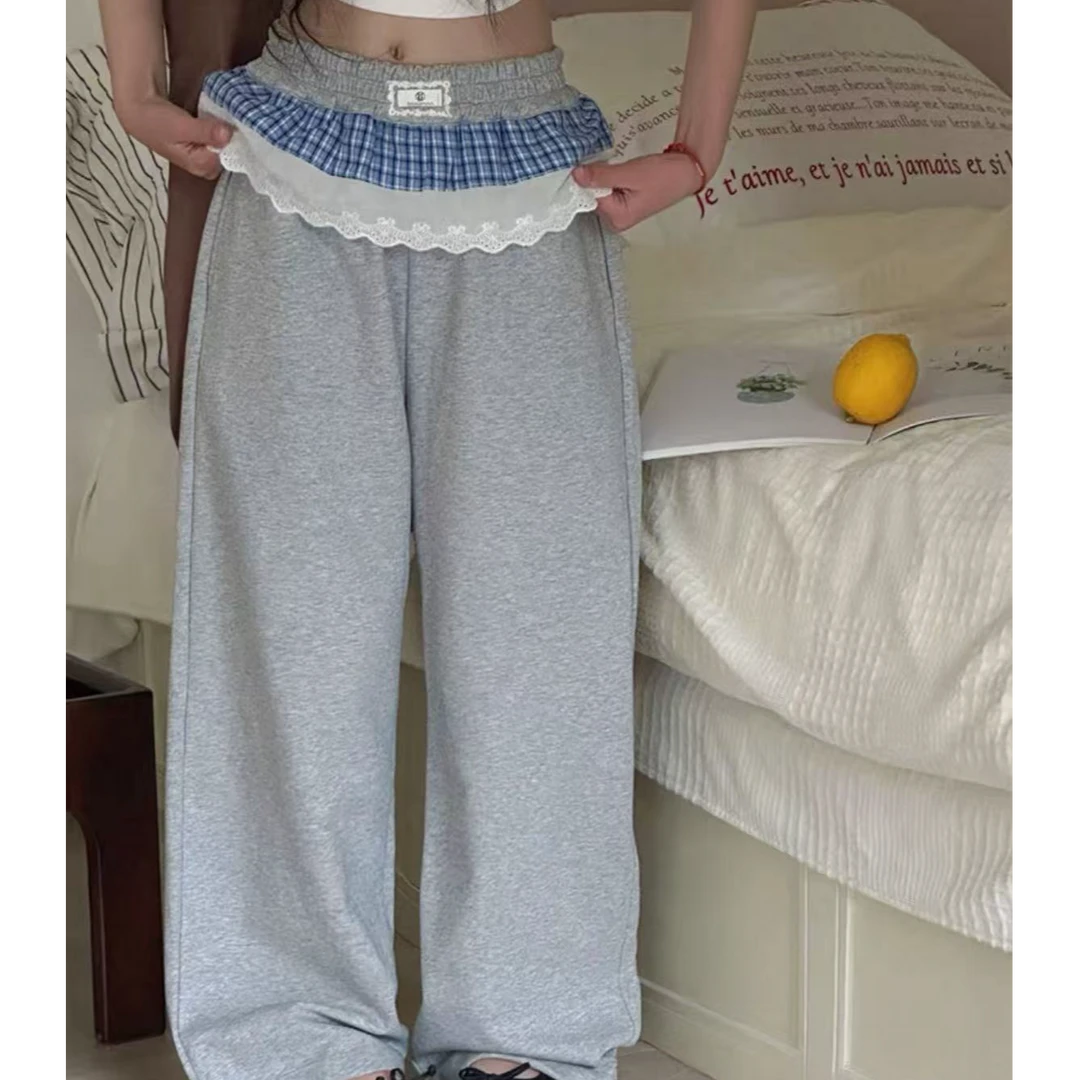 2025夏『科技三防』蓝格子花边儿童阔腿休闲裤百搭运动裤7621