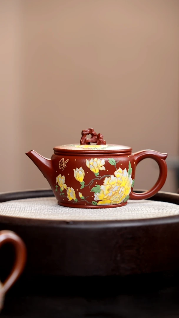 茶壶紫砂朱泥太湖石汉瓦金丝牡丹