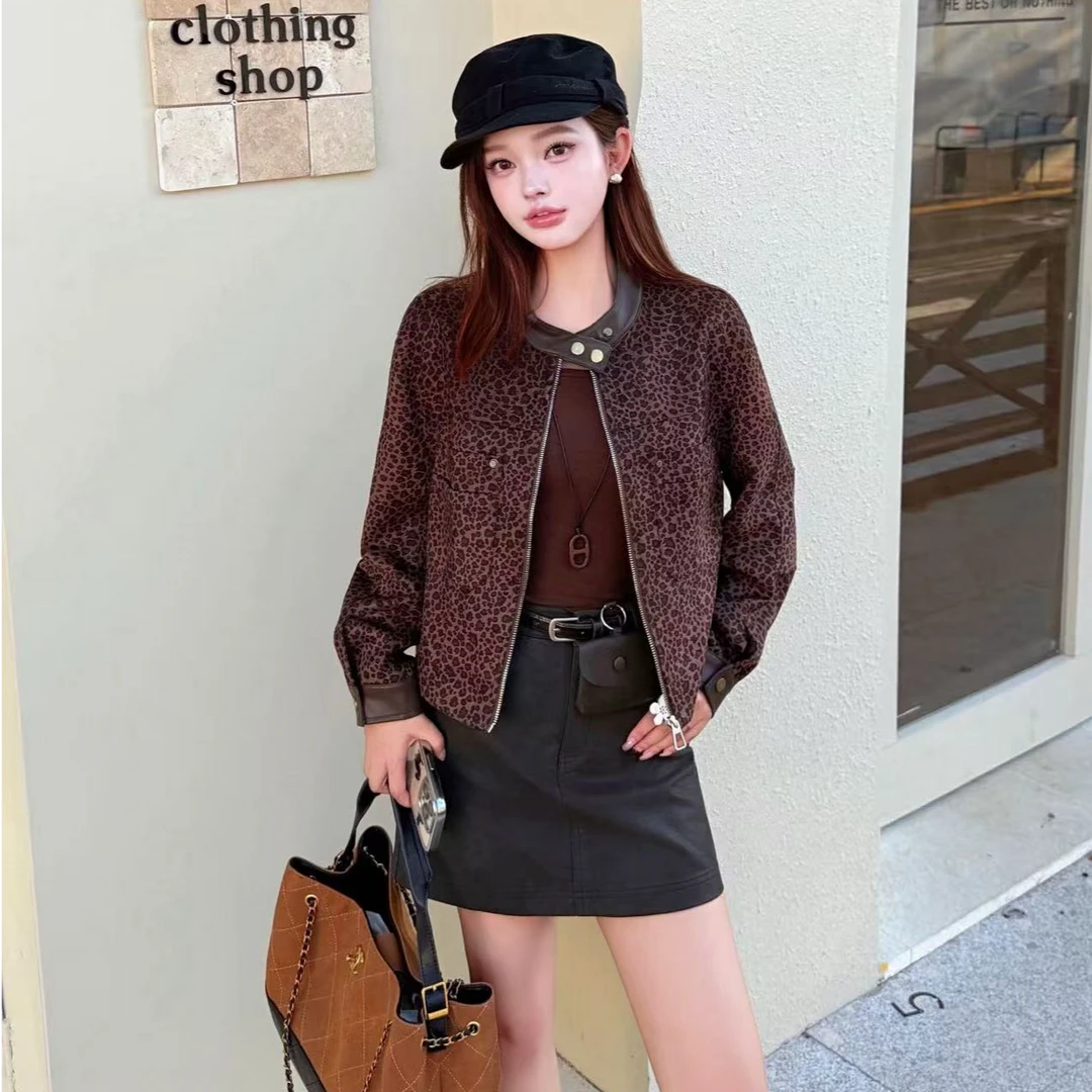 拉夏贝尔复古高级感豹纹立领拉链短外套女2025时尚小个子夹克上衣