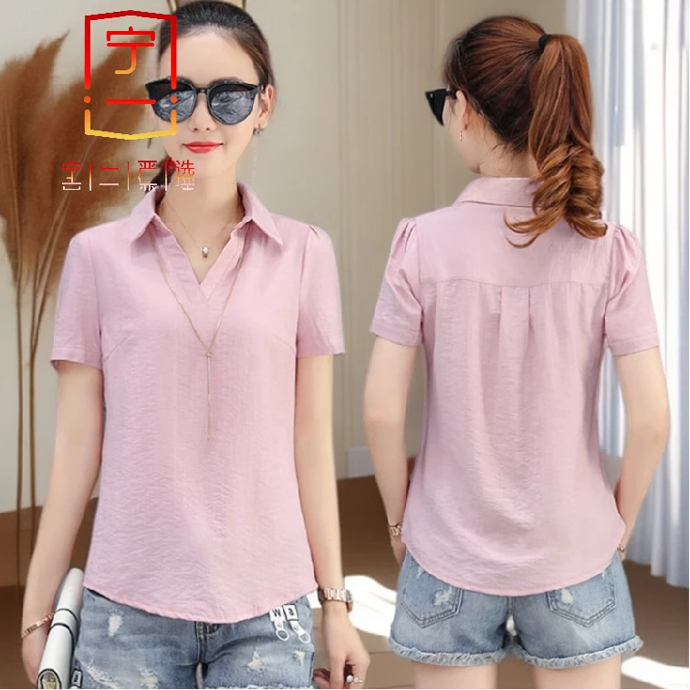【宁一女装】时尚洋气显瘦95%棉衬衫女短袖夏季新款潮宽松气质休闲