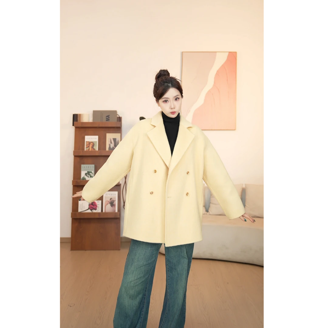 【Vv】B4I8新款双面呢大衣女中长款短款四粒扣显瘦宽松