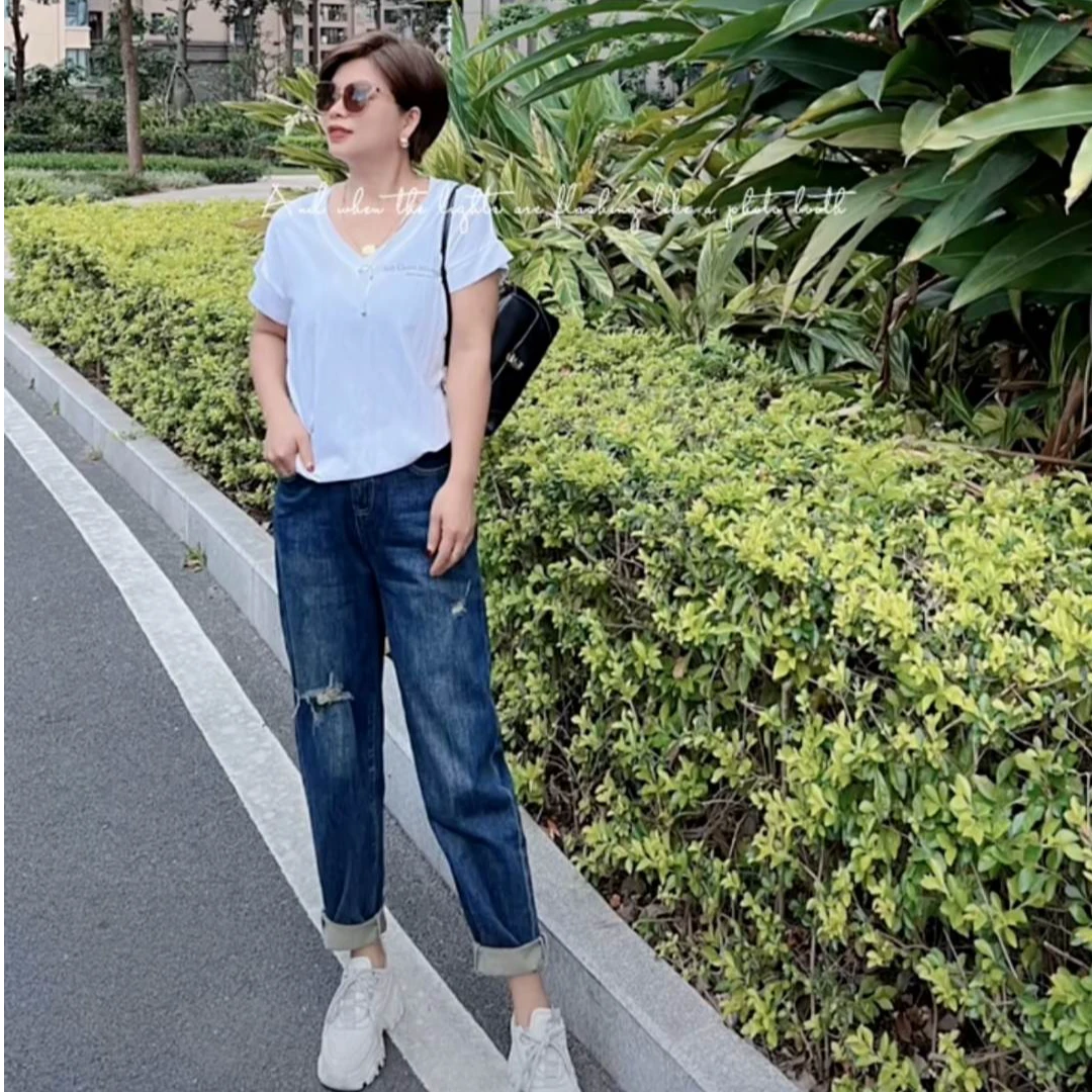 复古大码哈伦显瘦破洞弹力老爹裤蓝色1005牛仔裤九分宽松休闲裤子