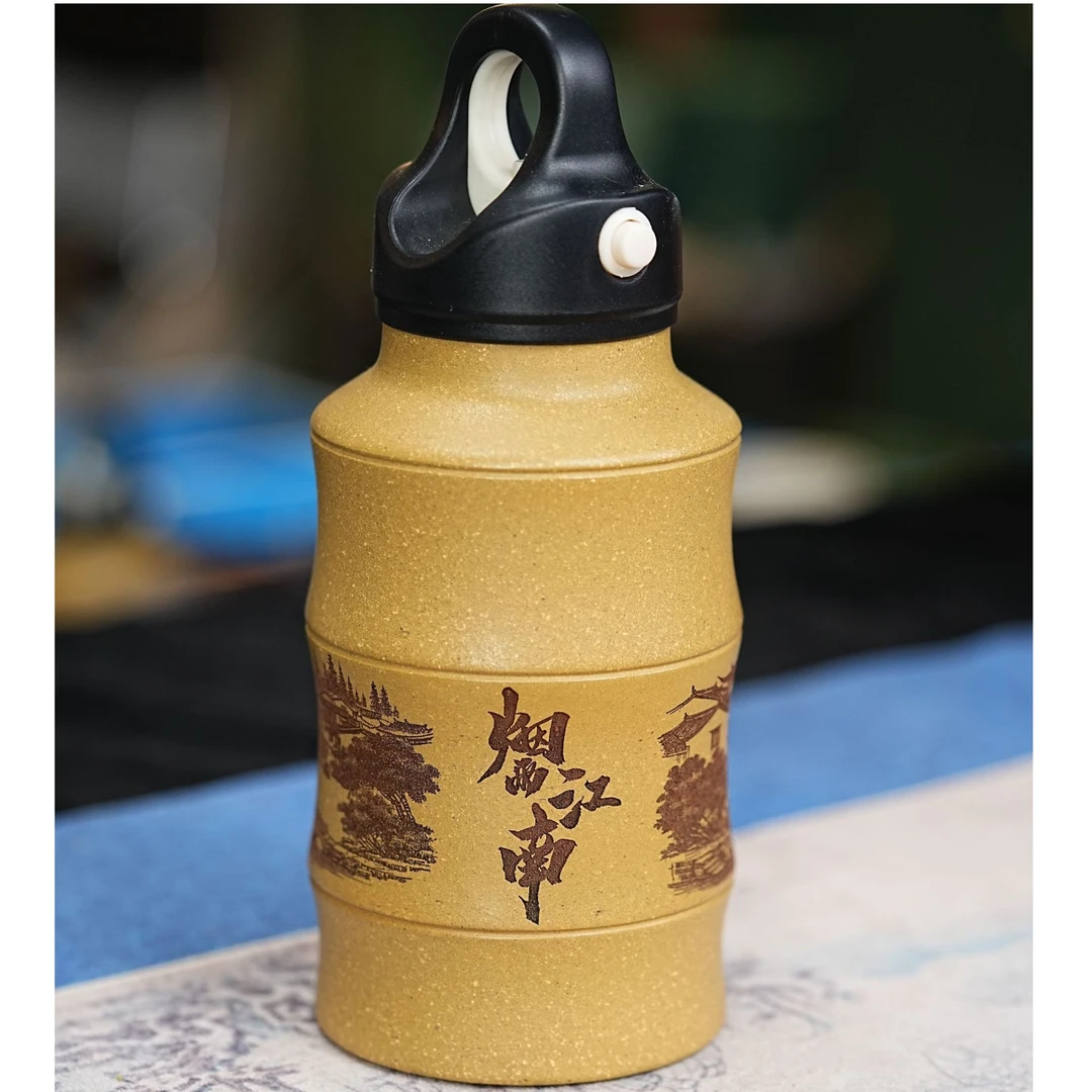 【2715手提杯】宜兴原矿紫砂手工刻绘烟雨江南手提杯