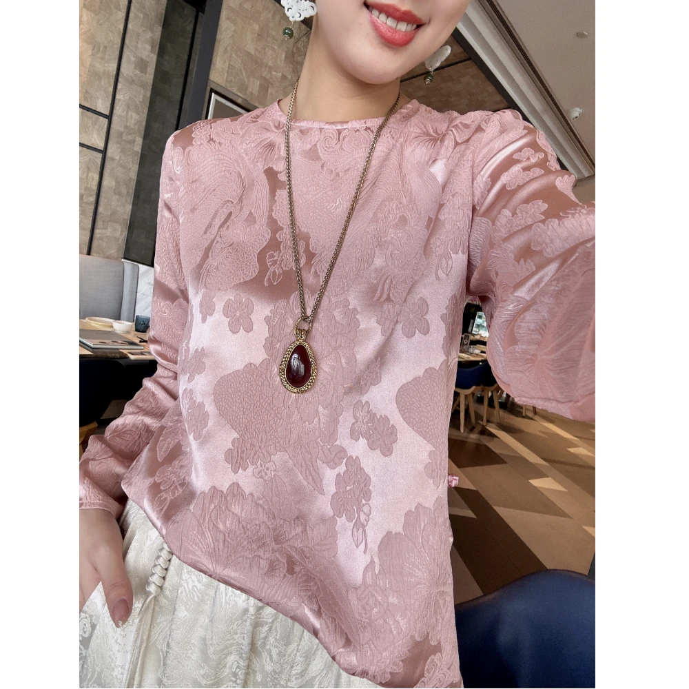 【老罗家】原创真丝衬衫桑蚕丝冠乐绉提花圆领时尚长袖显瘦粉色上