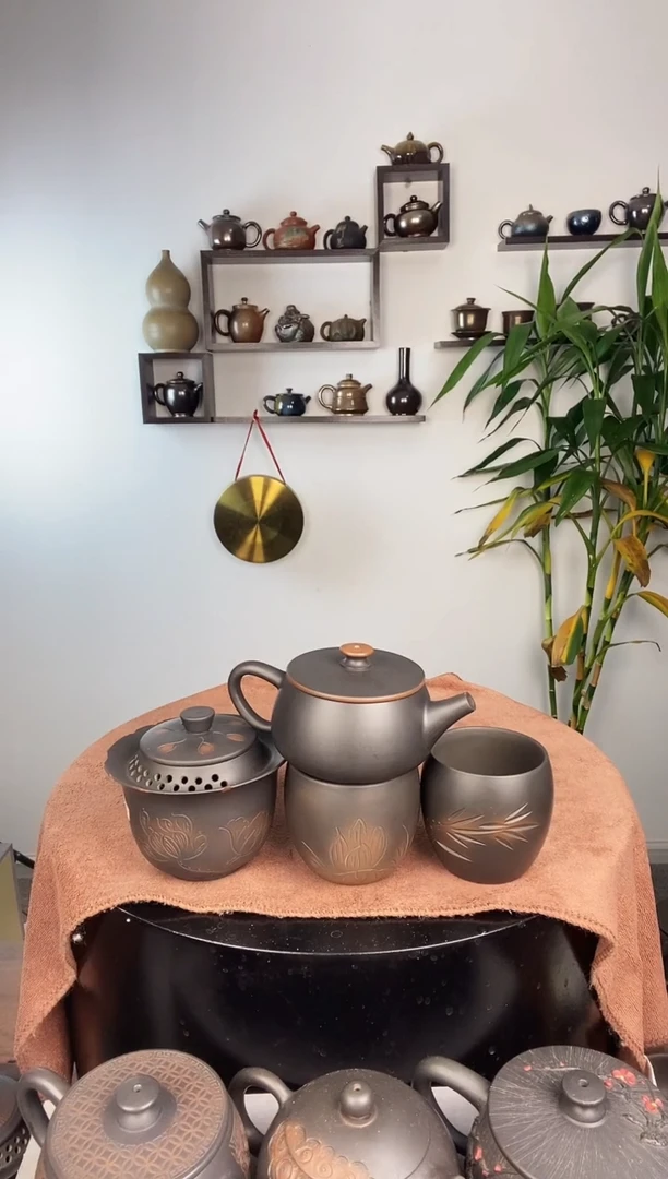 【闪购商品】壶建水紫陶金腰带+手抓+荷花竹子主人杯