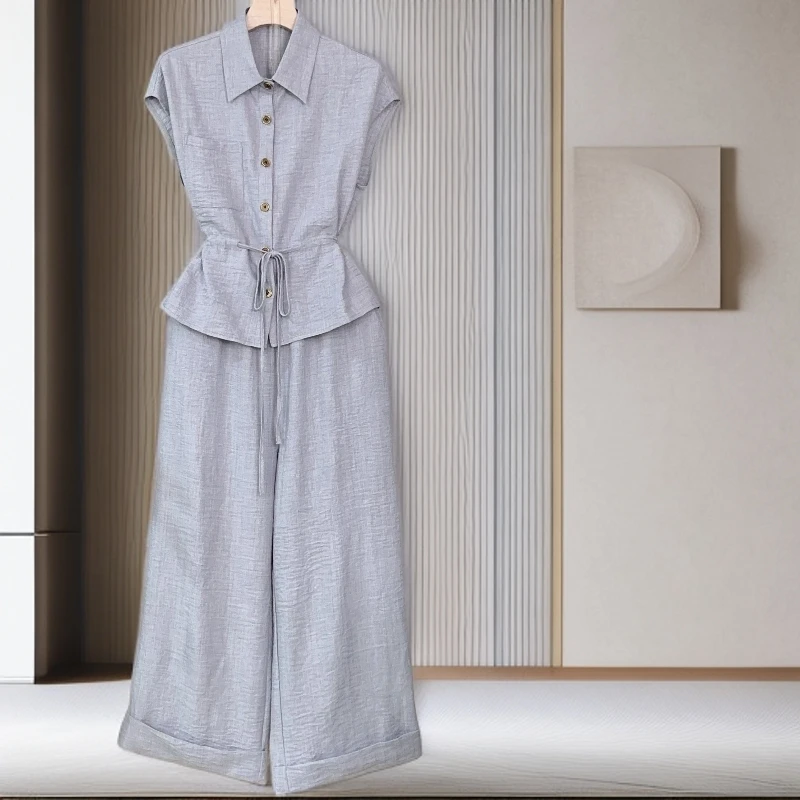 夏季显瘦显白时尚套装2025新款收腰气质衬衫百搭时尚阔腿裤M117