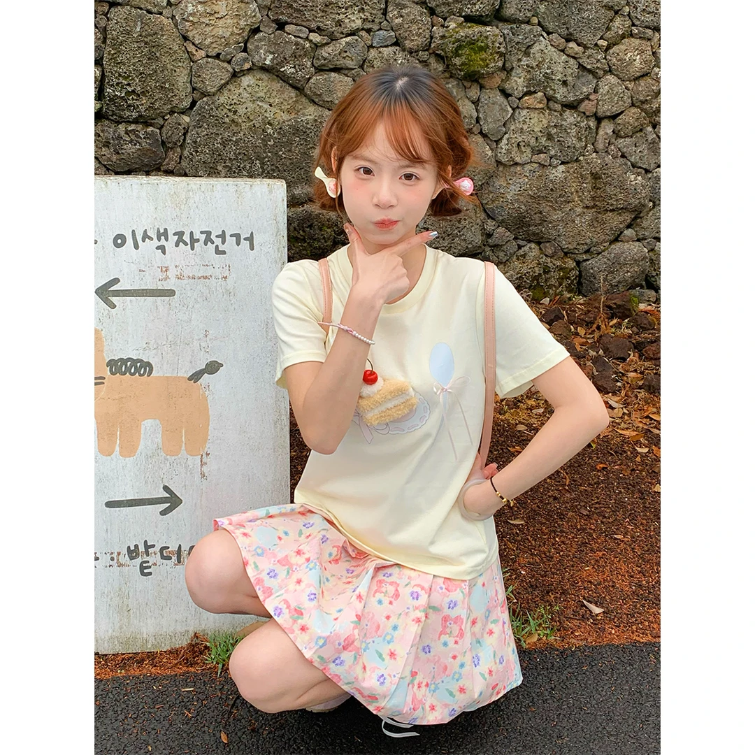 樱桃蛋糕 sinsingirl 可爱立体蛋糕造型 奶黄色短袖T恤个性设计感