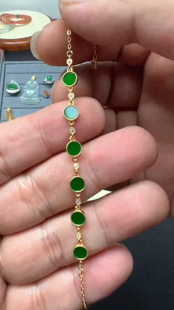 银S925镶嵌手链翡翠天然a货缅甸翡翠圆牌手链