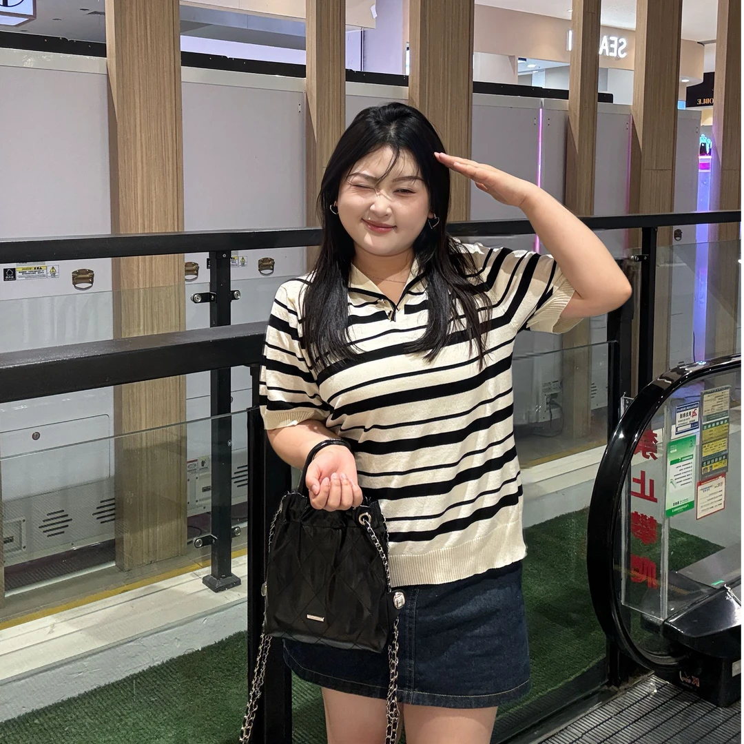 4020大码女装2025夏季新款时尚简约百搭翻领胖妹妹针织衫短袖上衣