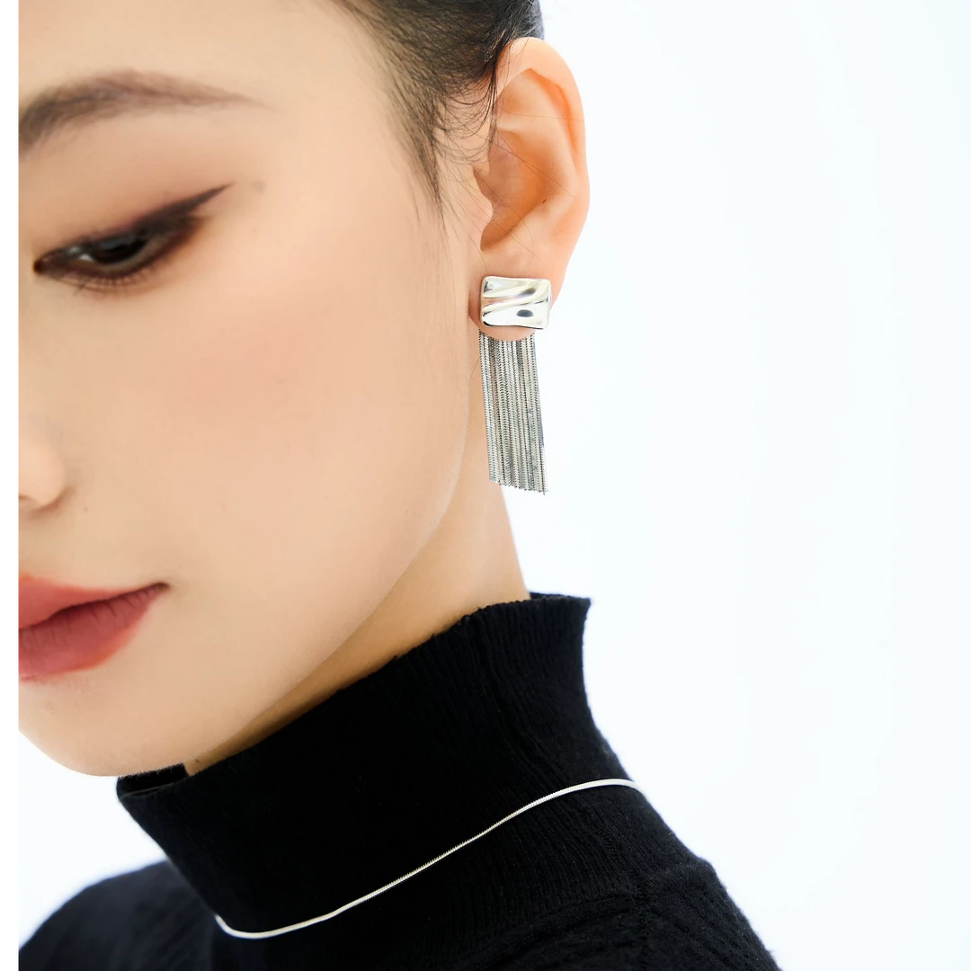 苿默 925银耳饰 方形流苏耳环纯银耳饰时尚百搭耳环简约气质轻奢