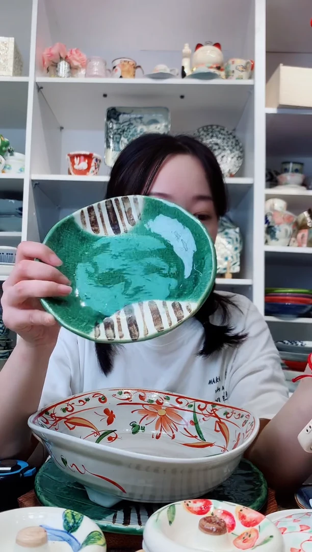 陶瓷濑户烧织布绿釉小盘17cm