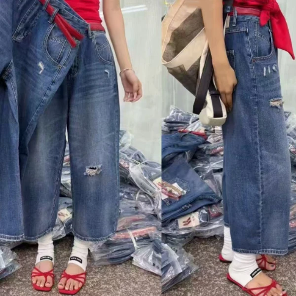 韩系破洞牛仔奶奶裤  87005