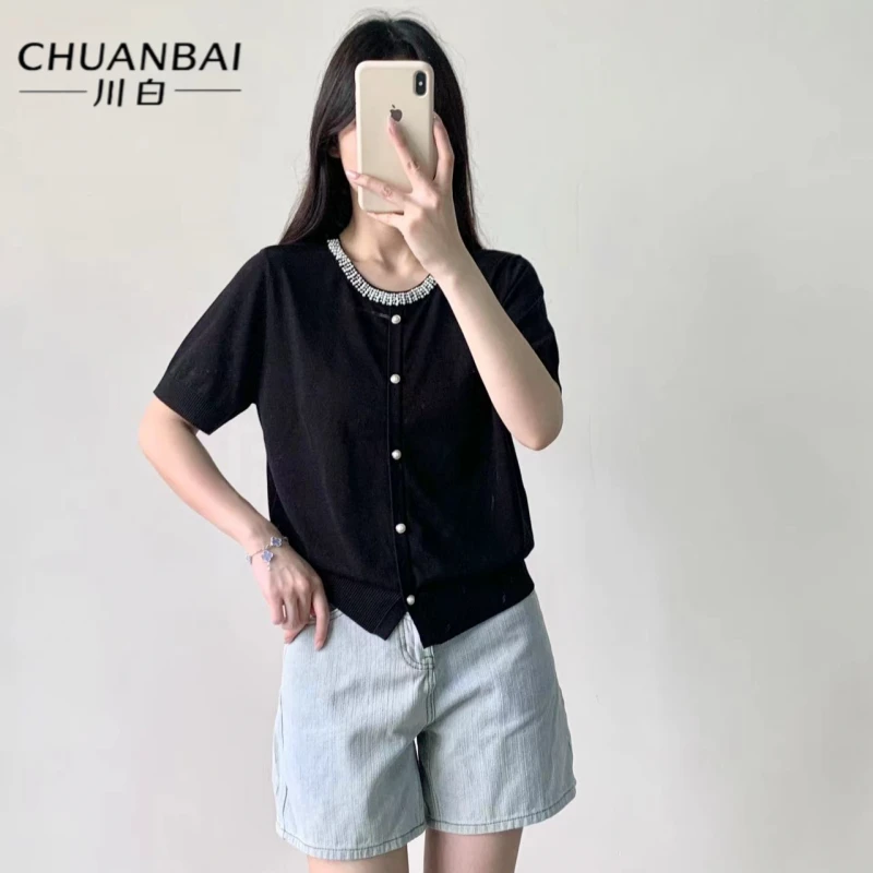CHUANBAI 川白夏季桑蚕丝时尚领口钉珠针织衫气质百搭短袖薄款