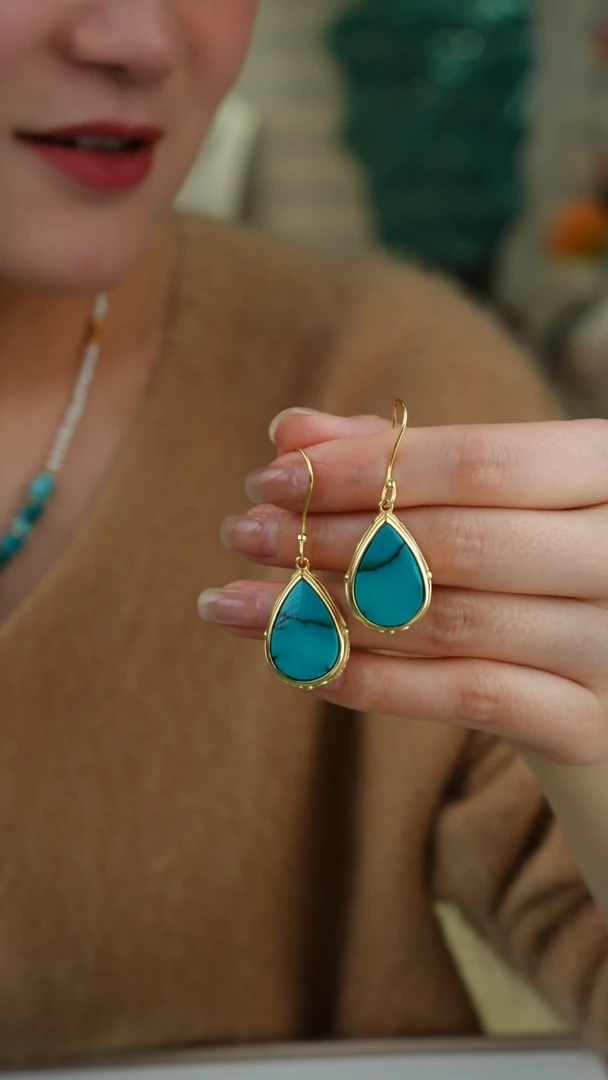 【闪购商品】绿松石耳饰银S925镀金镶嵌11111