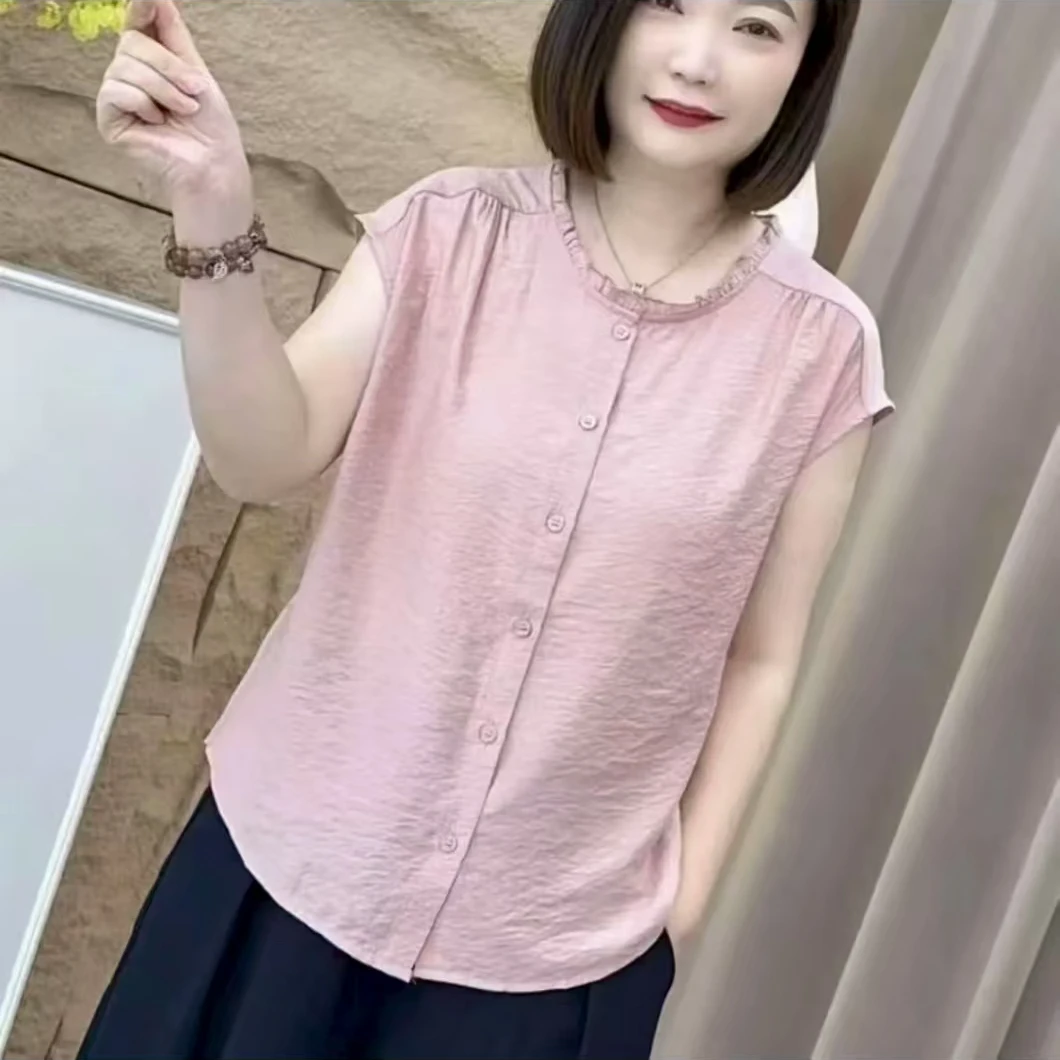 夏季时尚百搭薄款木耳飞飞袖拼接衬衫宽松圆领开衫
