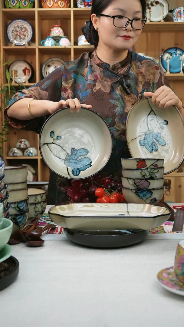 瓷片小可高温陶瓷餐具一组4只大深盘，鱼盘园汤碗椭圆汤碗各一只
