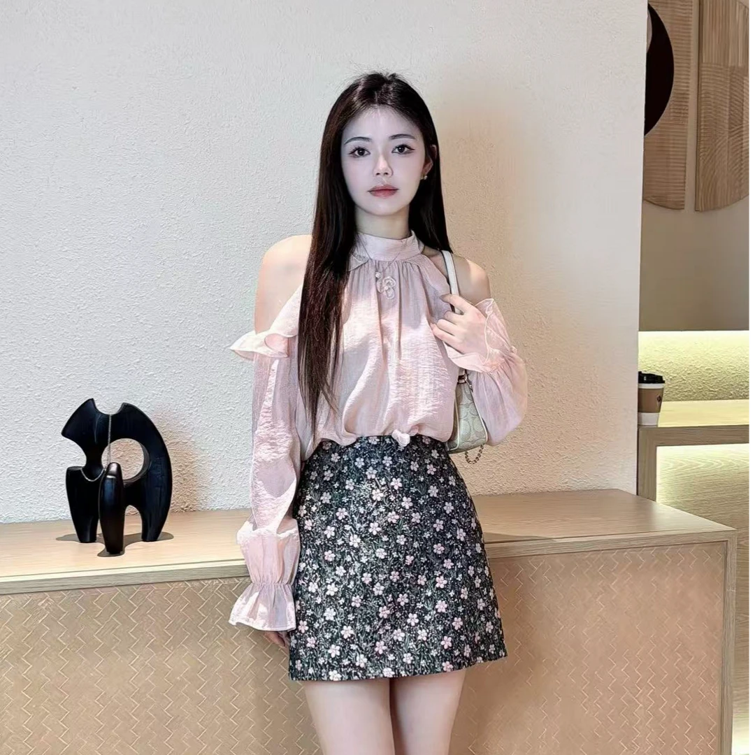 新款显瘦衬衣气质时尚荷叶袖挂脖韩版千金风衬衣甜美辣妹上衣女