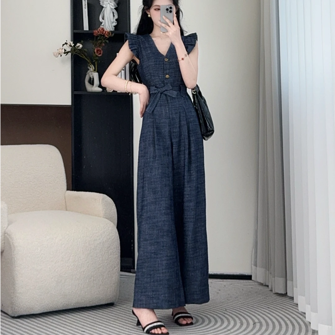 拉夏贝尔【旷野】25夏季青苍法式复古减龄显瘦气质连体裤 00023 WQC