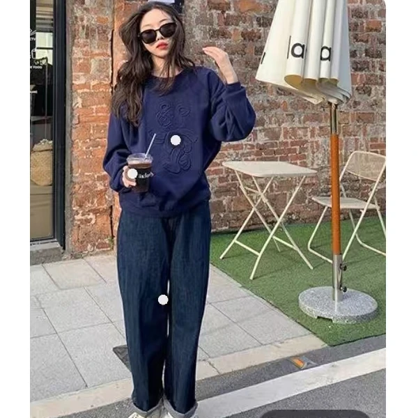 275 卫衣女装春秋季圆领卡通压花宽松纯色韩版休闲上衣女卫衣4002