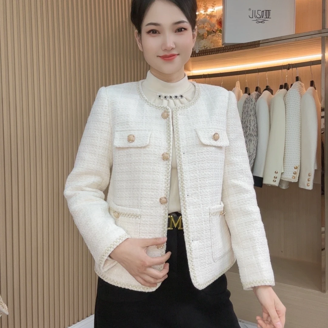 亚妃儿短外套小香风春秋气质白色短款时尚秋冬粗花呢小个子长袖