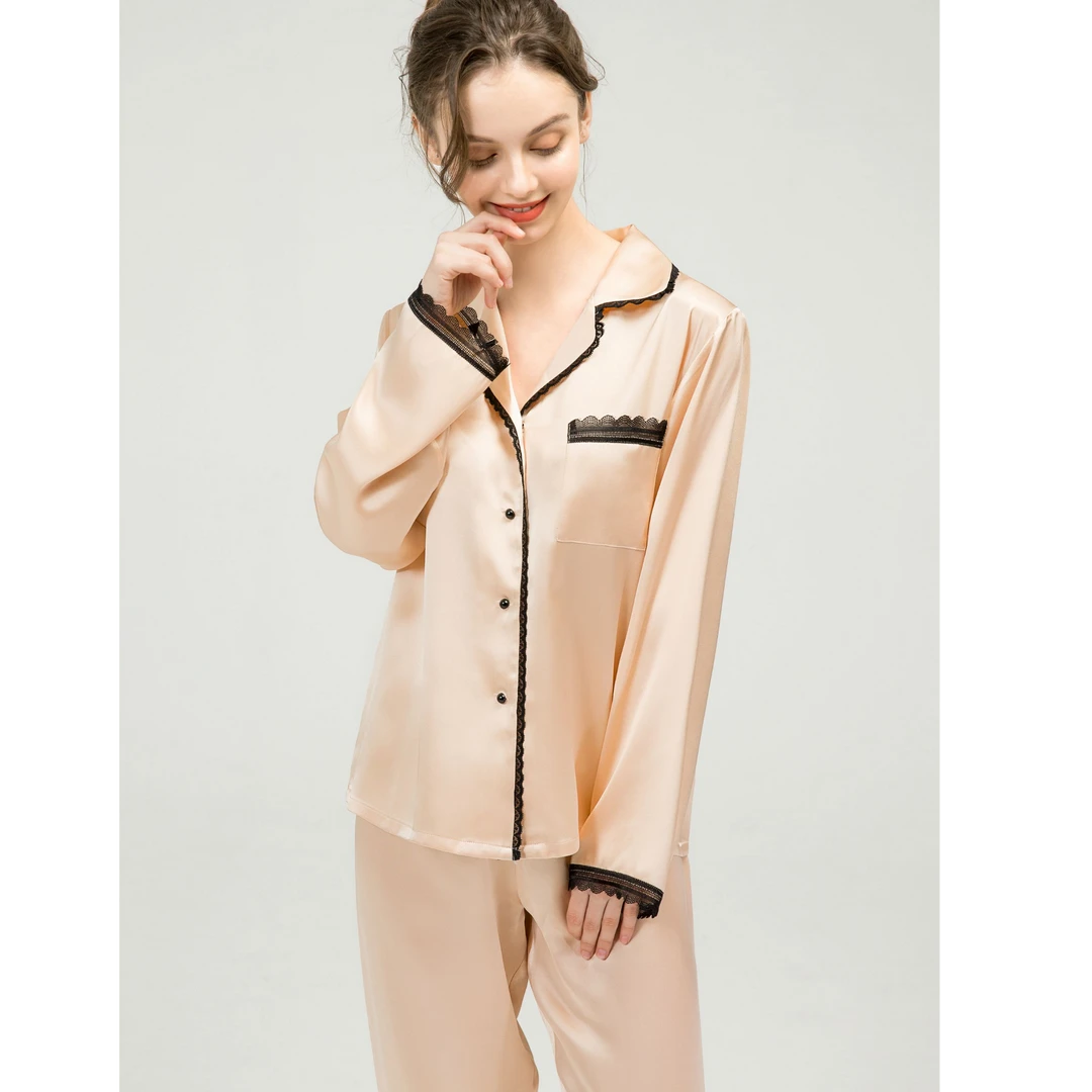 真丝睡衣女黑色蕾丝花边高级感100%桑蚕丝绸春夏季家居服套装