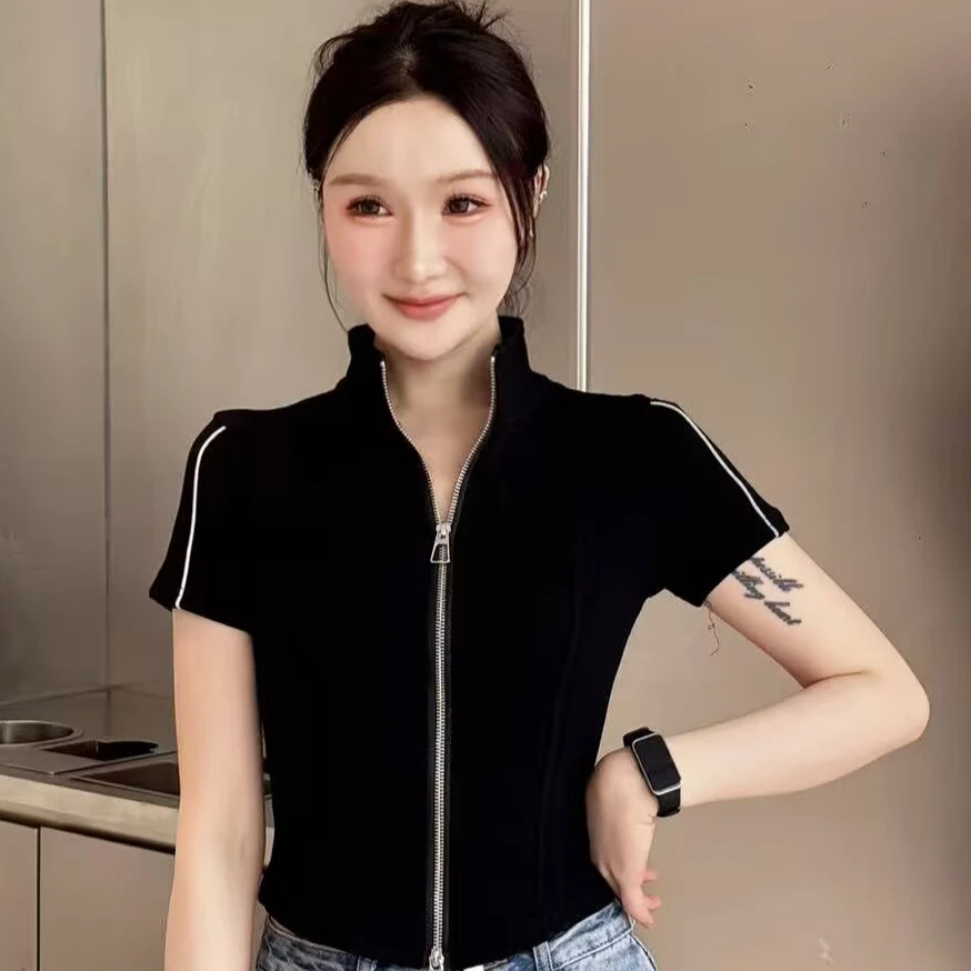 拉链短袖荧光条立领弹力T恤2025显瘦显高性感短款上衣